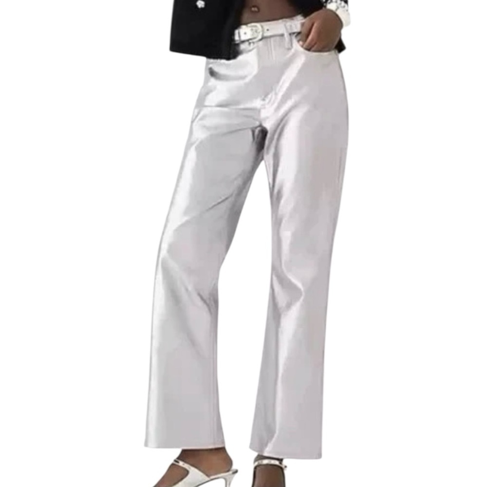NWT J. Crew Faux Leather Boot Cut Pant Metallic Silver Size 32